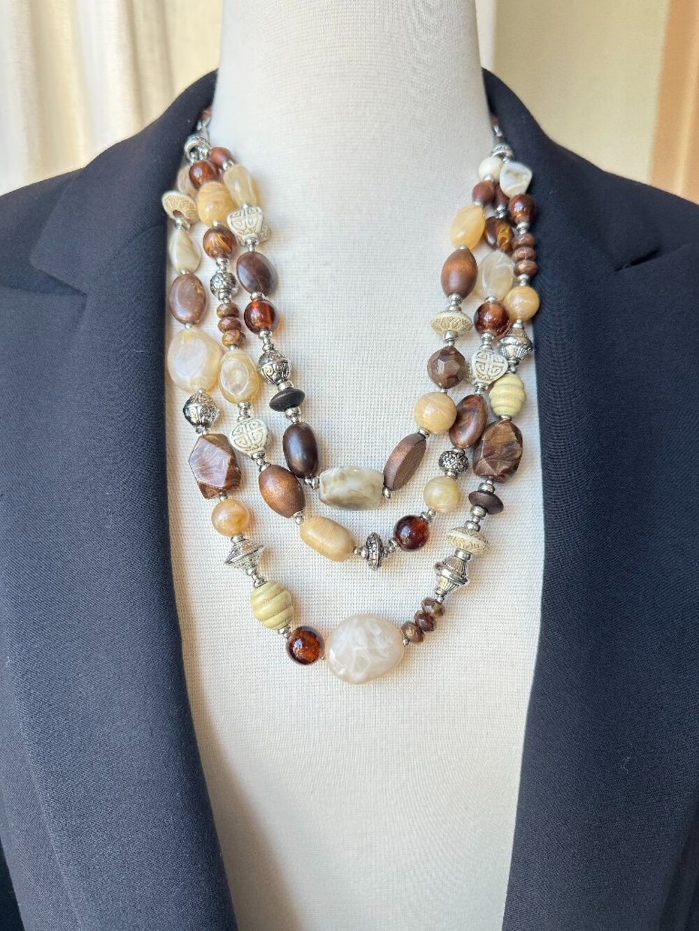 Boho Multi Strand Beaded Statement Necklace Wood Resin Suede Silver Tone